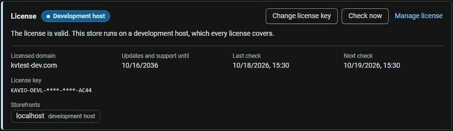 License card on the add-on page: status, licensed domain, storefronts, last and next check, with Change license key, Check now and Manage license