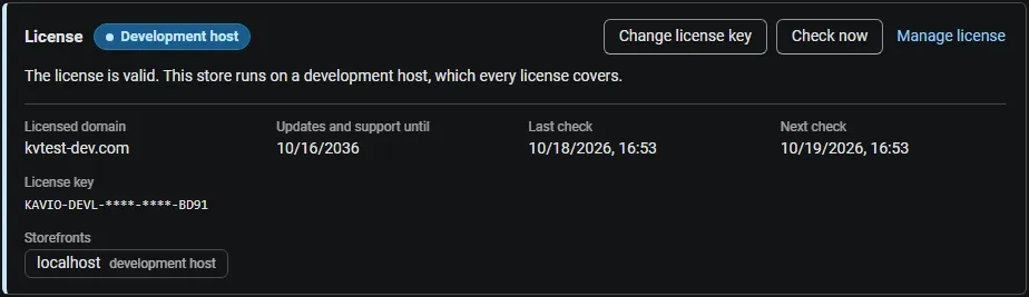License card on the add-on page: status, licensed domain, storefronts, last and next check, with Change license key, Check now and Manage license