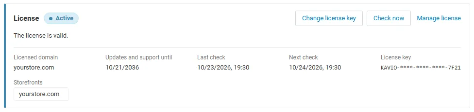 License card on the add-on page: status, licensed domain, storefronts, last and next check, with Change license key, Check now and Manage license