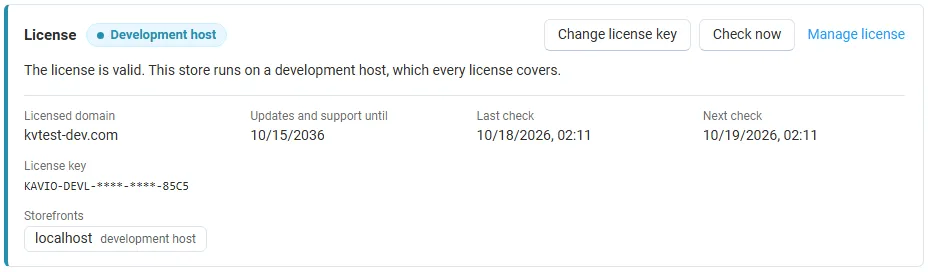 License card on the add-on page: status, licensed domain, storefronts, last and next check, with Change license key, Check now and Manage license