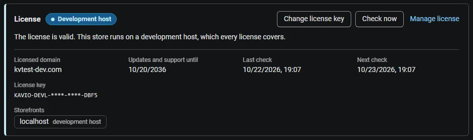 License card on the add-on page: status, licensed domain, storefronts, last and next check, with Change license key, Check now and Manage license