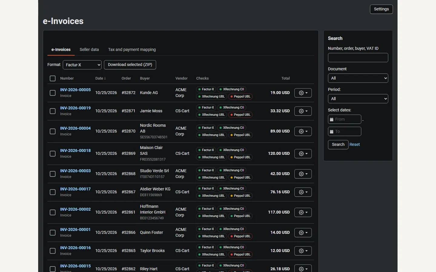 Orders → e-Invoices: check badges per format, buyer VAT IDs, vendors, ZIP export (dark admin).