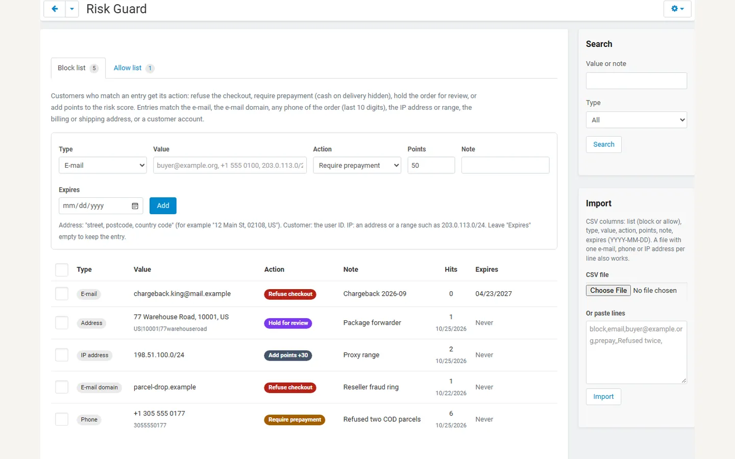Orders → Risk Guard: block list with actions, hits, expiry and CSV import.