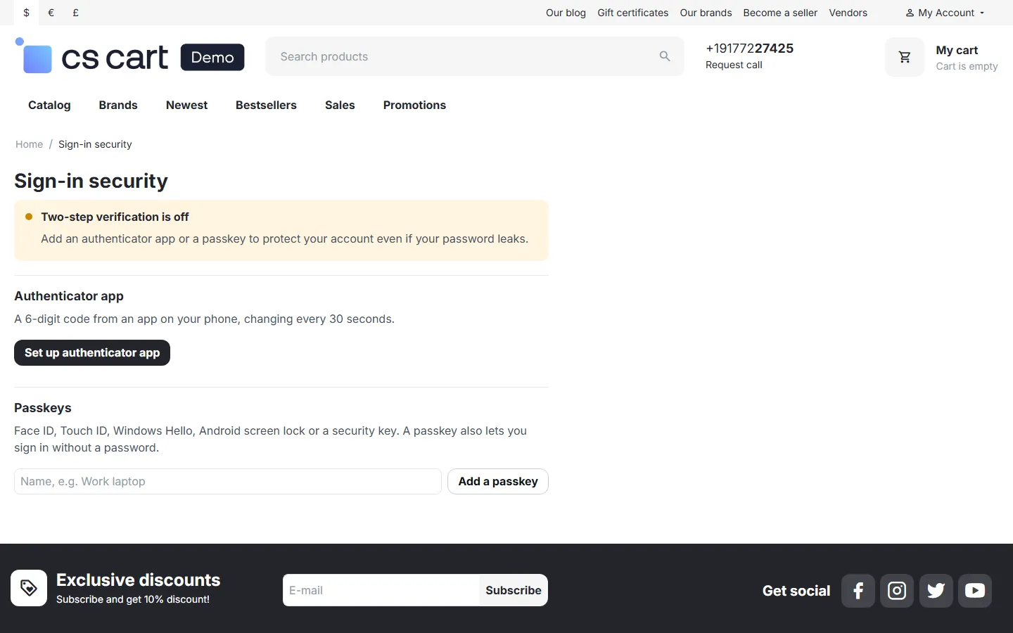 Authenticator setup: steps, QR code drawn on the server, manual key.