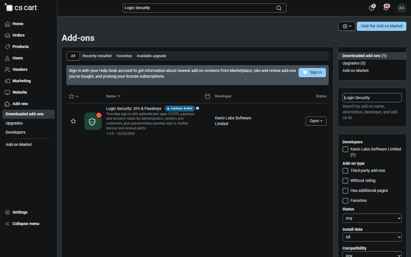Admin, Downloaded add-ons searched for “Login Security”.