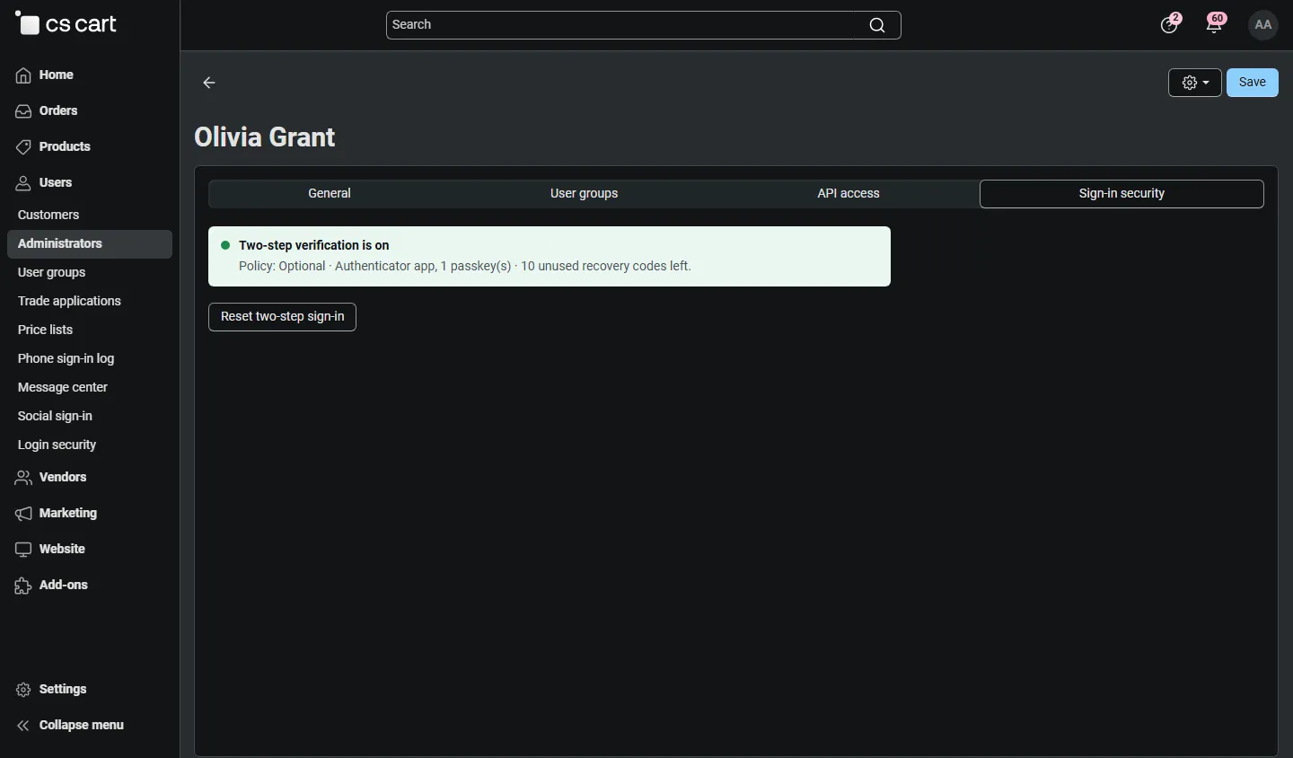 Administrator profile, Sign-in security tab with status and reset.