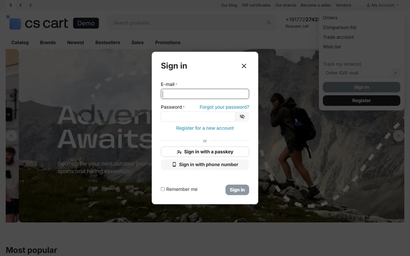 Sign-in pop-up with the passkey button.