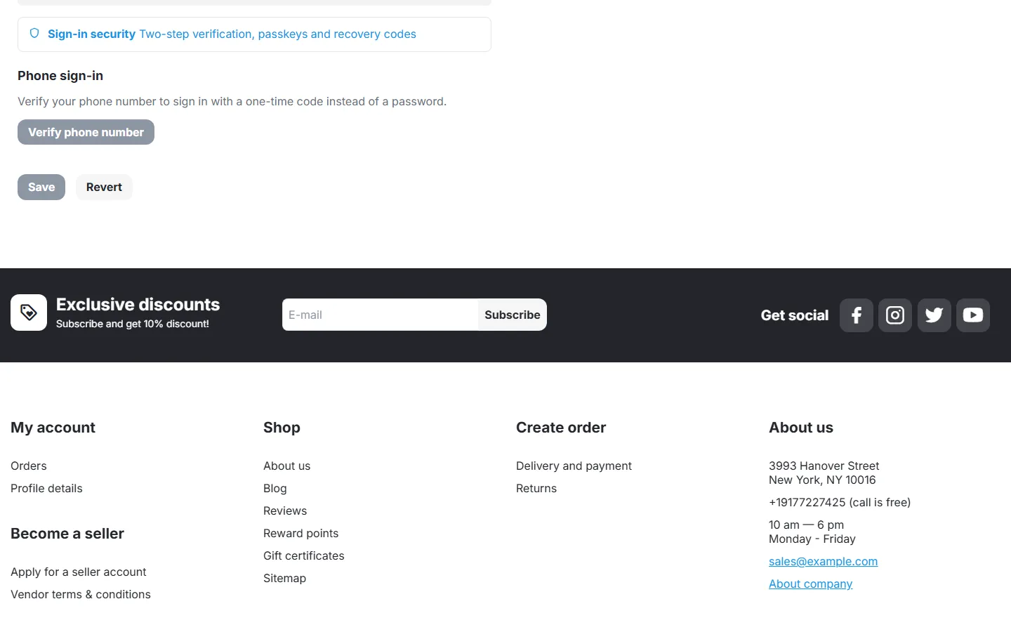 Customer profile: link to the Sign-in security page.