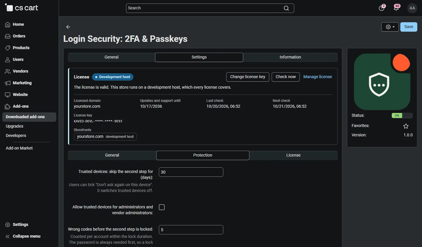 Add-on settings, Protection: trusted devices, lock, passkey verification, e-mails, log.