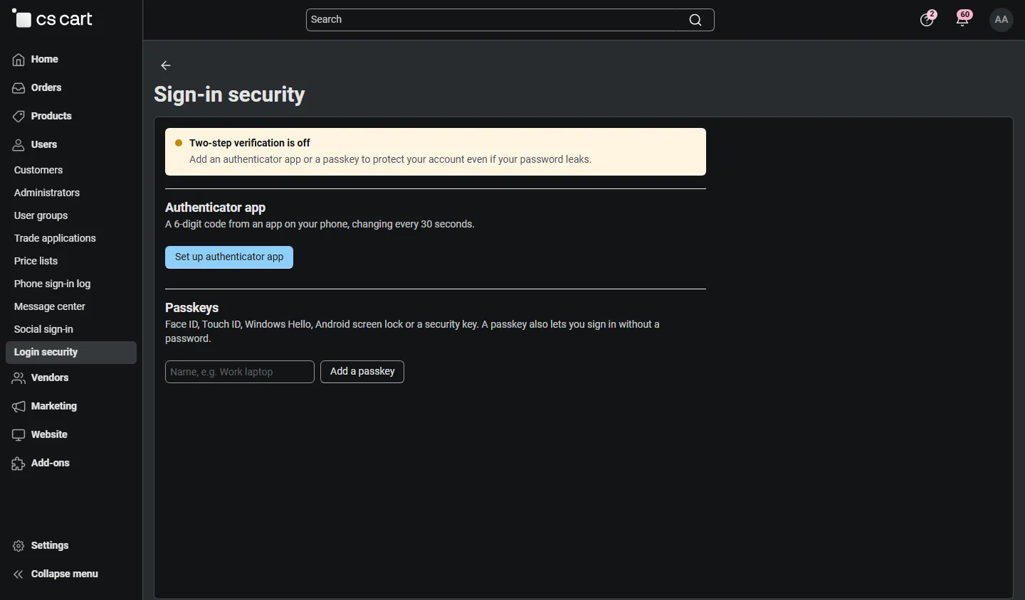 Admin: own sign-in security page.