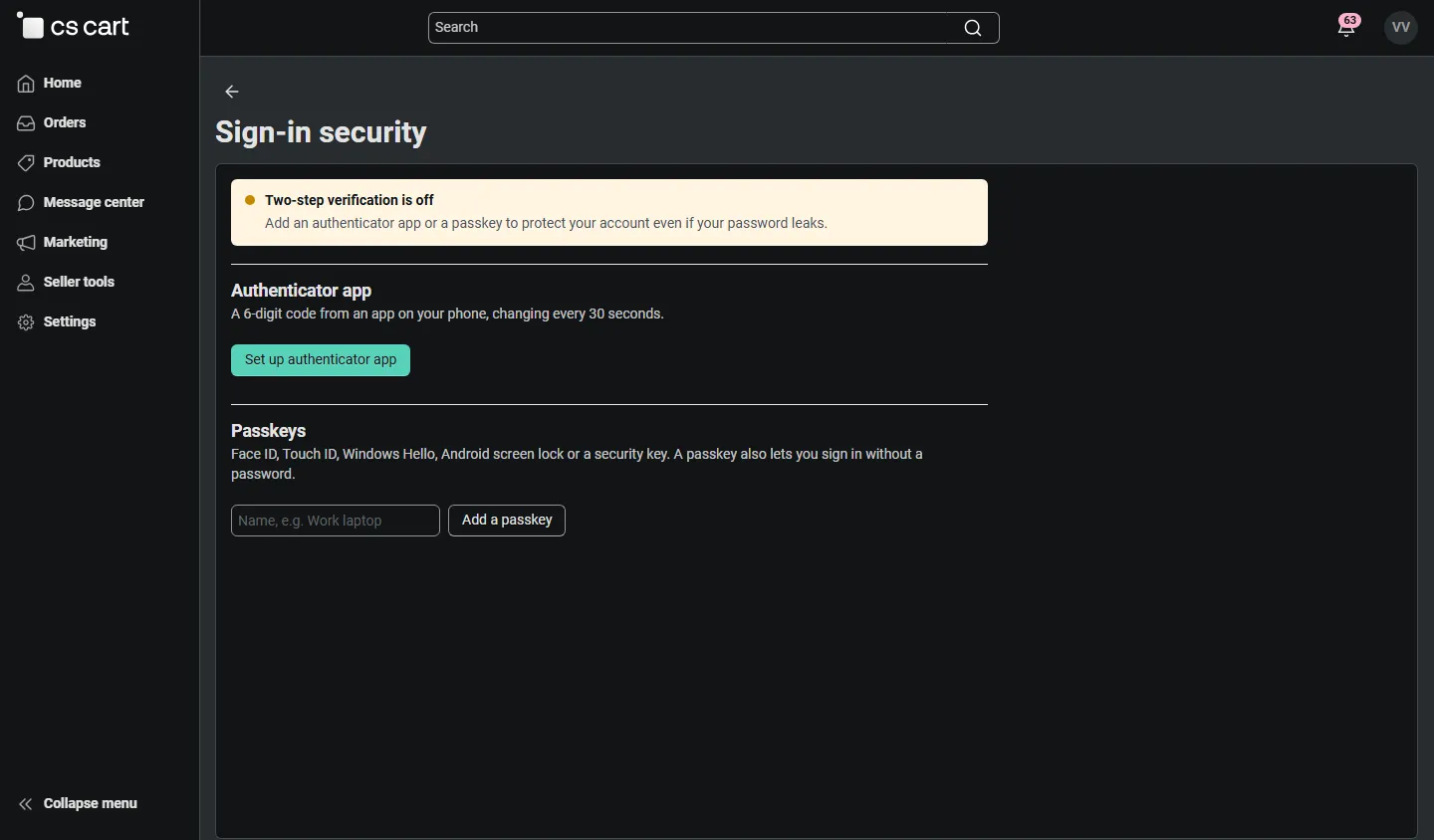 Vendor panel: own sign-in security page.