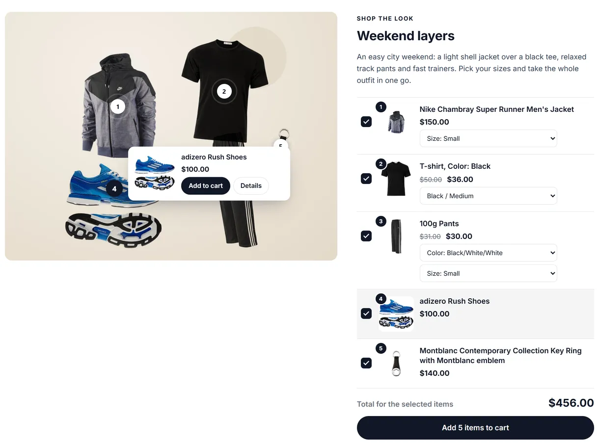 A look on the storefront: photo with hotspots, product card and the item list with Add 5 items to cart