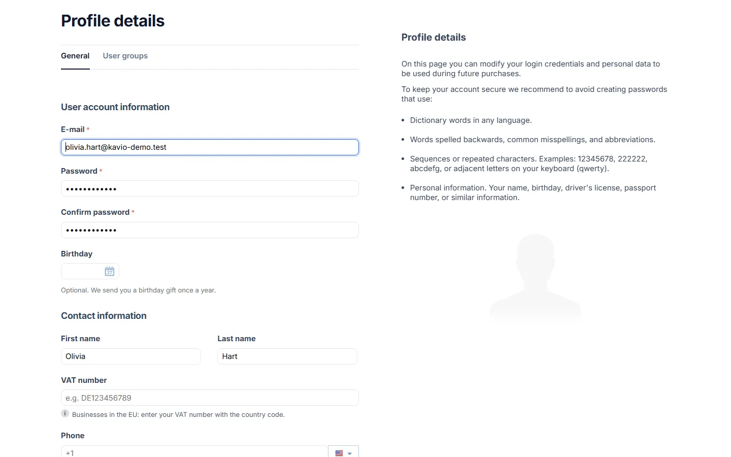 Profile with the optional Birthday field for birthday rewards.