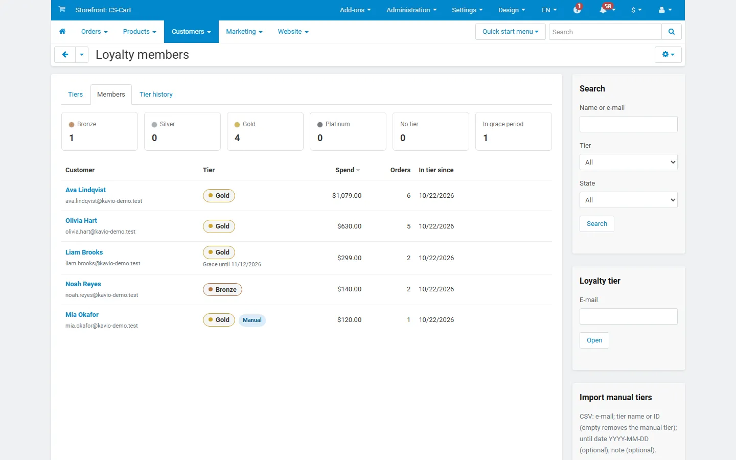 Customers > Loyalty members: counts per tier, grace period, manual tiers.
