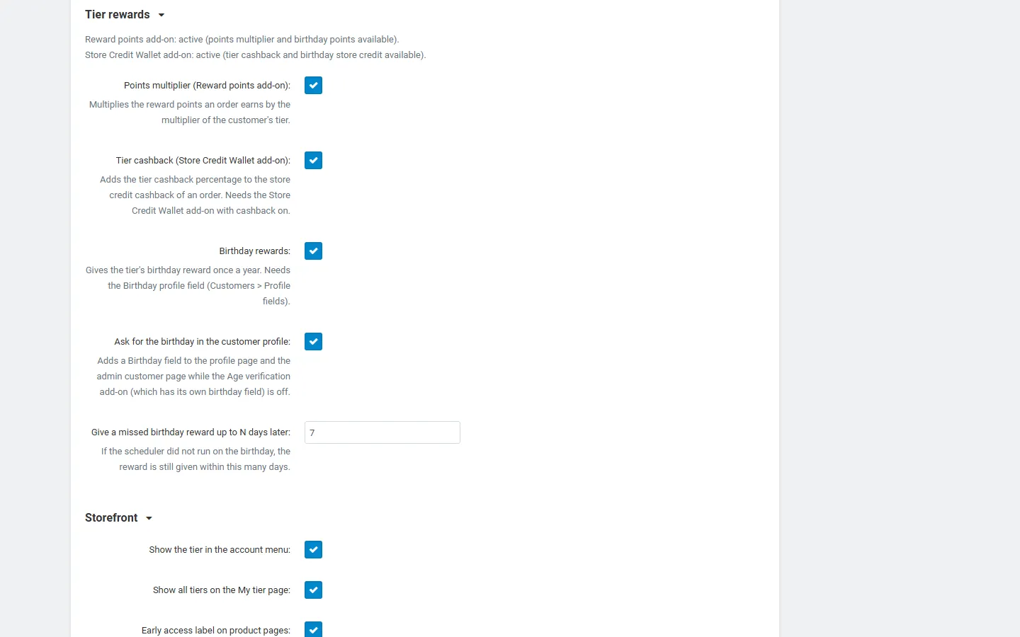Settings: tier rewards, birthday field and storefront options.