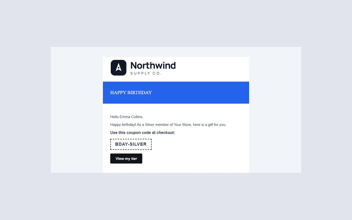 Birthday e-mail with a coupon code.