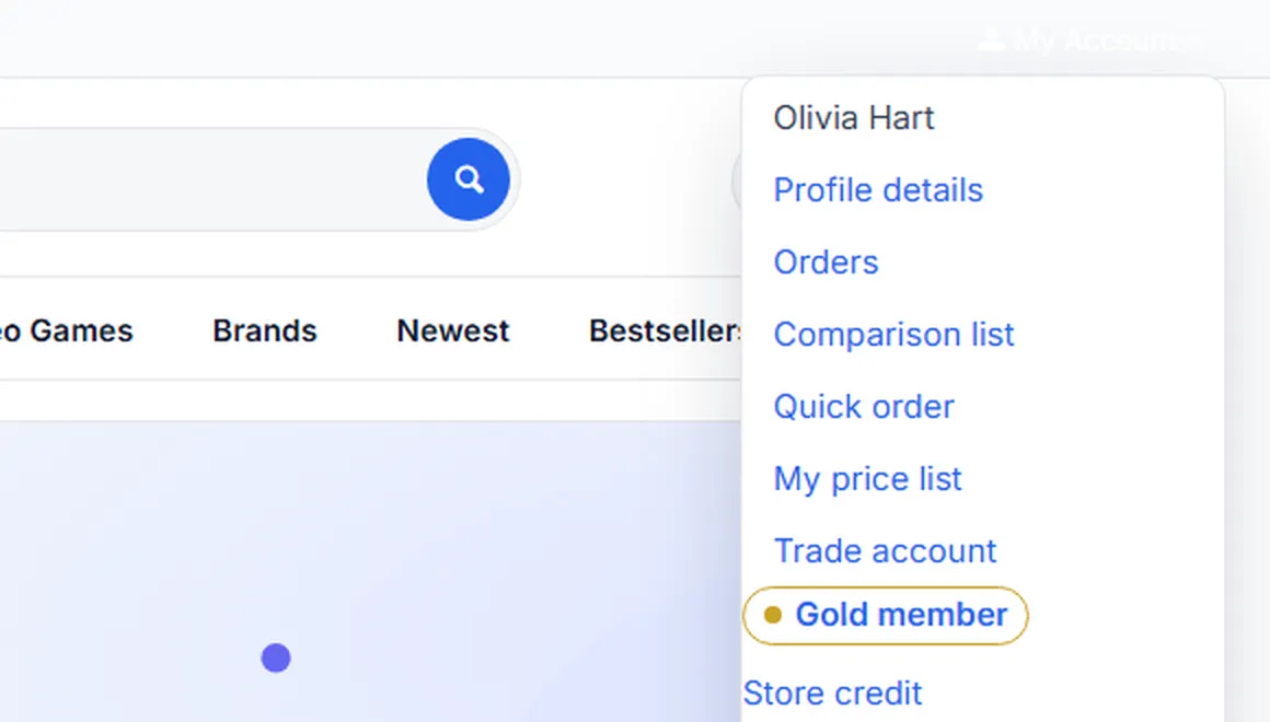 Account menu with the “Gold member” tier badge linking to My tier (crop, re-captured 2026-10-23).