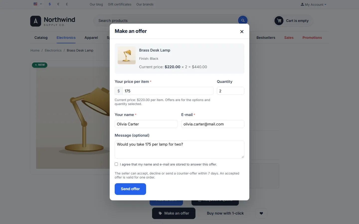 Offer dialog: current price for the options and quantity, guest fields and consent.