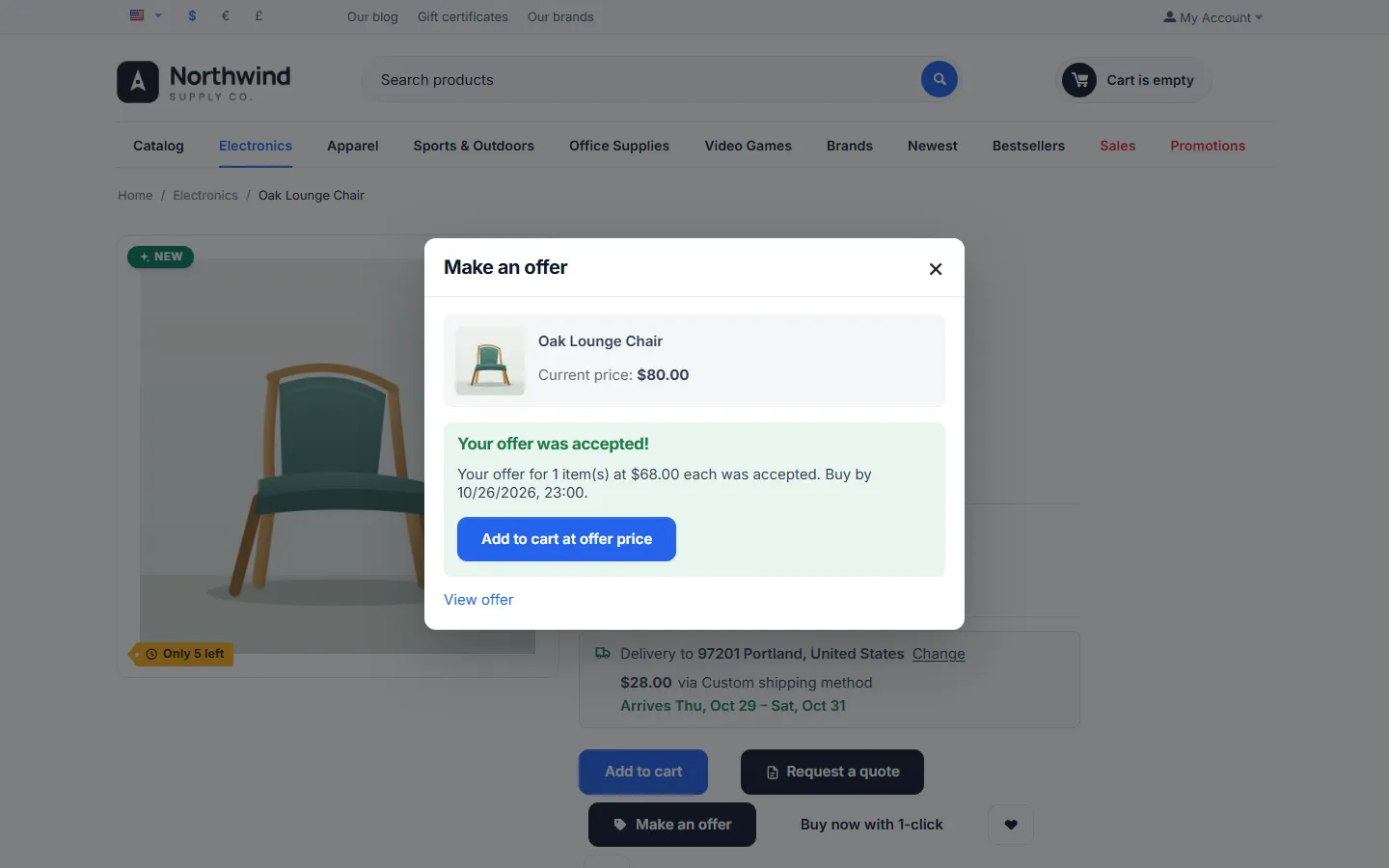Dialog for an accepted offer: Add to cart at offer price with the deadline.