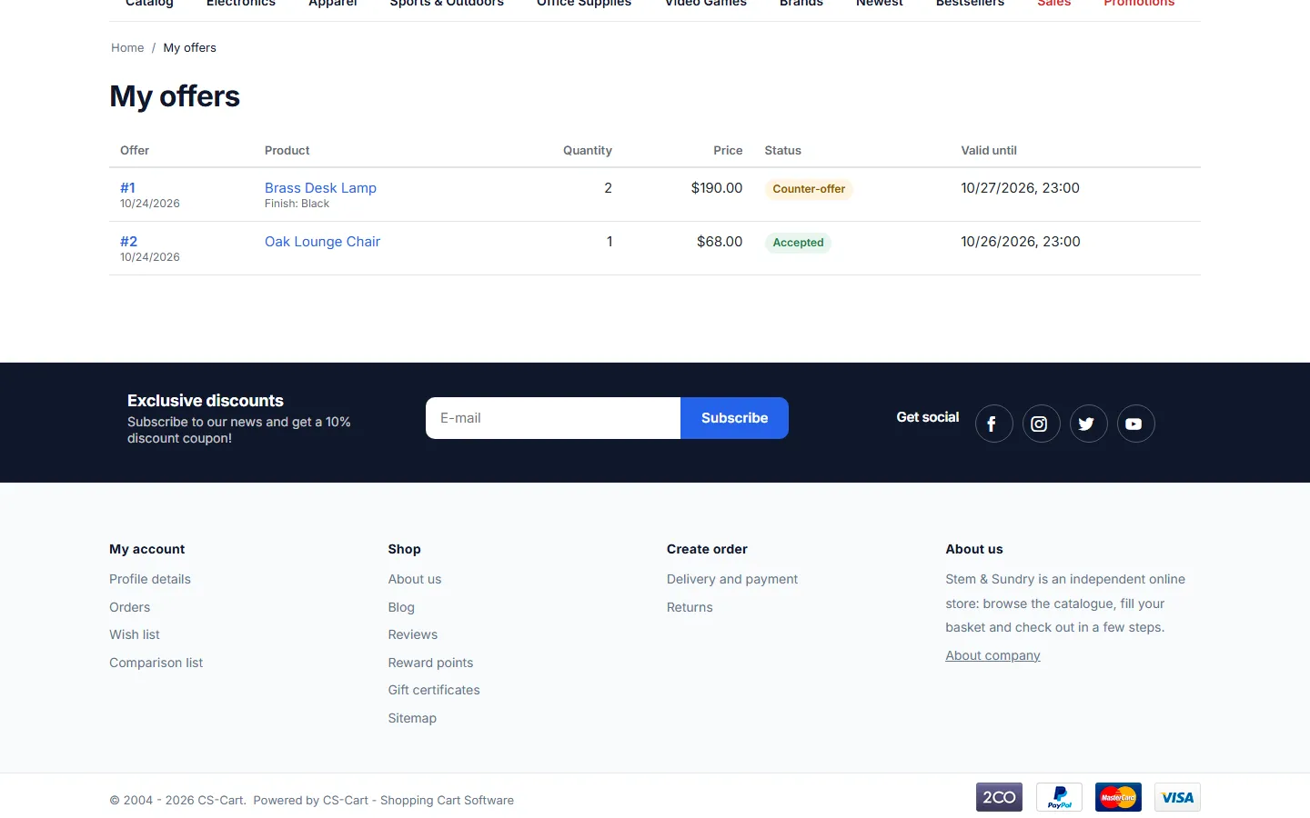 My offers: status, price and deadline.