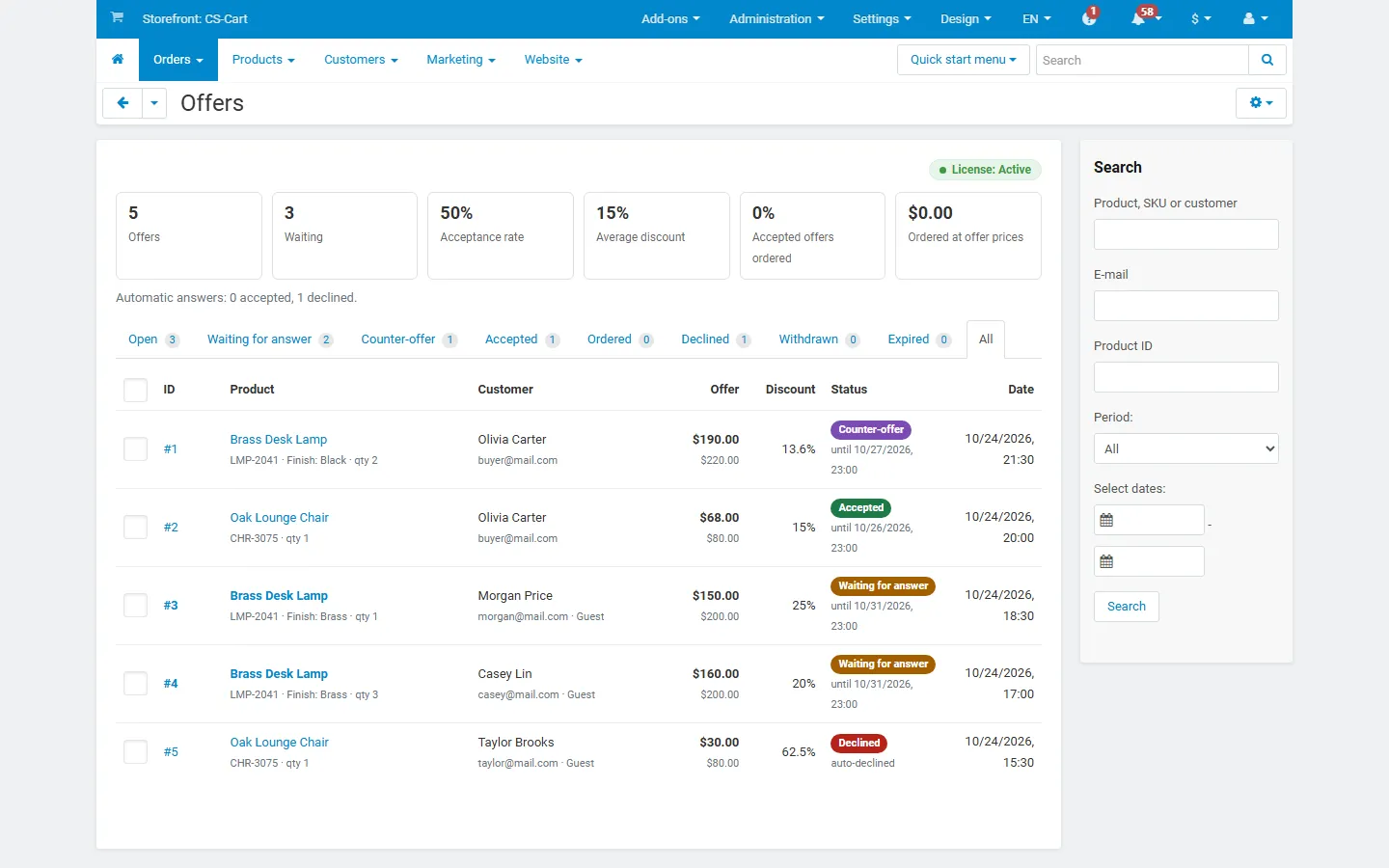 Orders > Offers: statistics, status tabs, filters.
