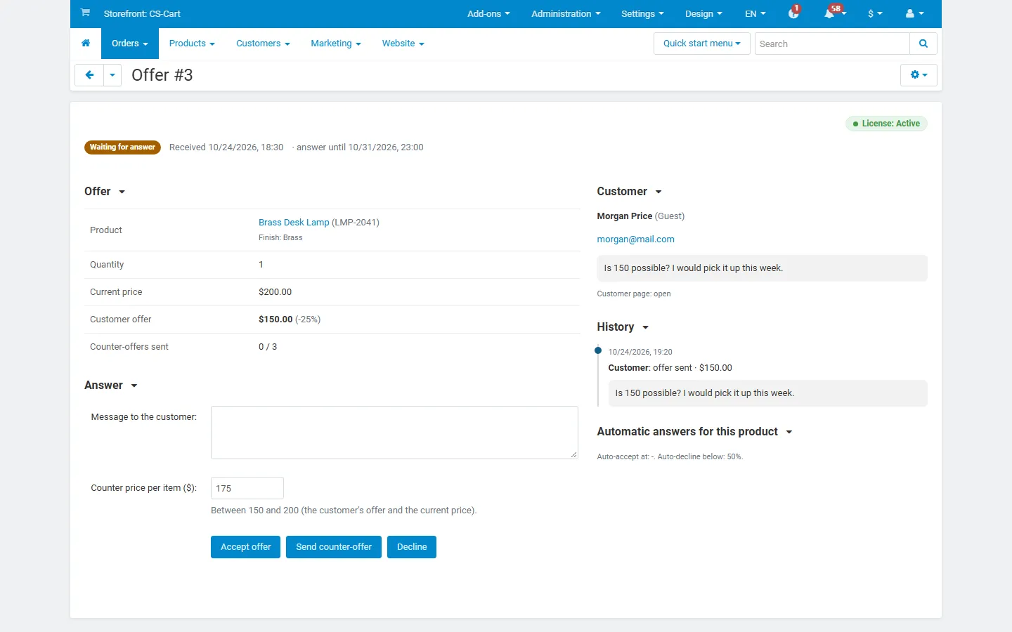 Answering an offer: accept, counter-offer with a suggested price, decline.