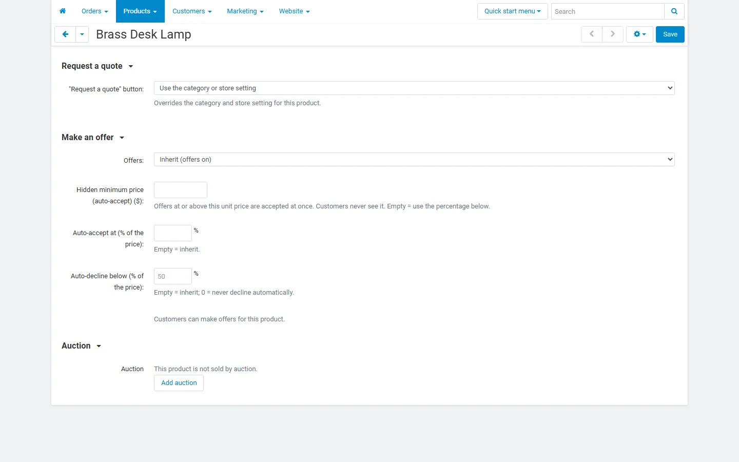 Product editor, Add-ons tab: offer rule with hidden minimum price.