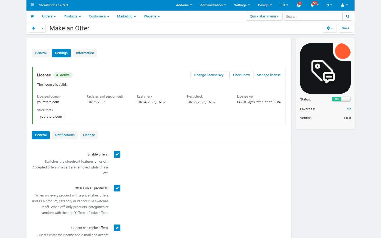 Add-on settings: automatic answers, negotiation, limits.