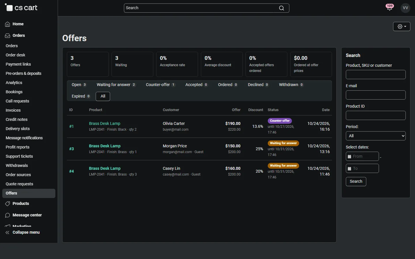 Vendor panel (mv421): offers on the vendor’s own products only.