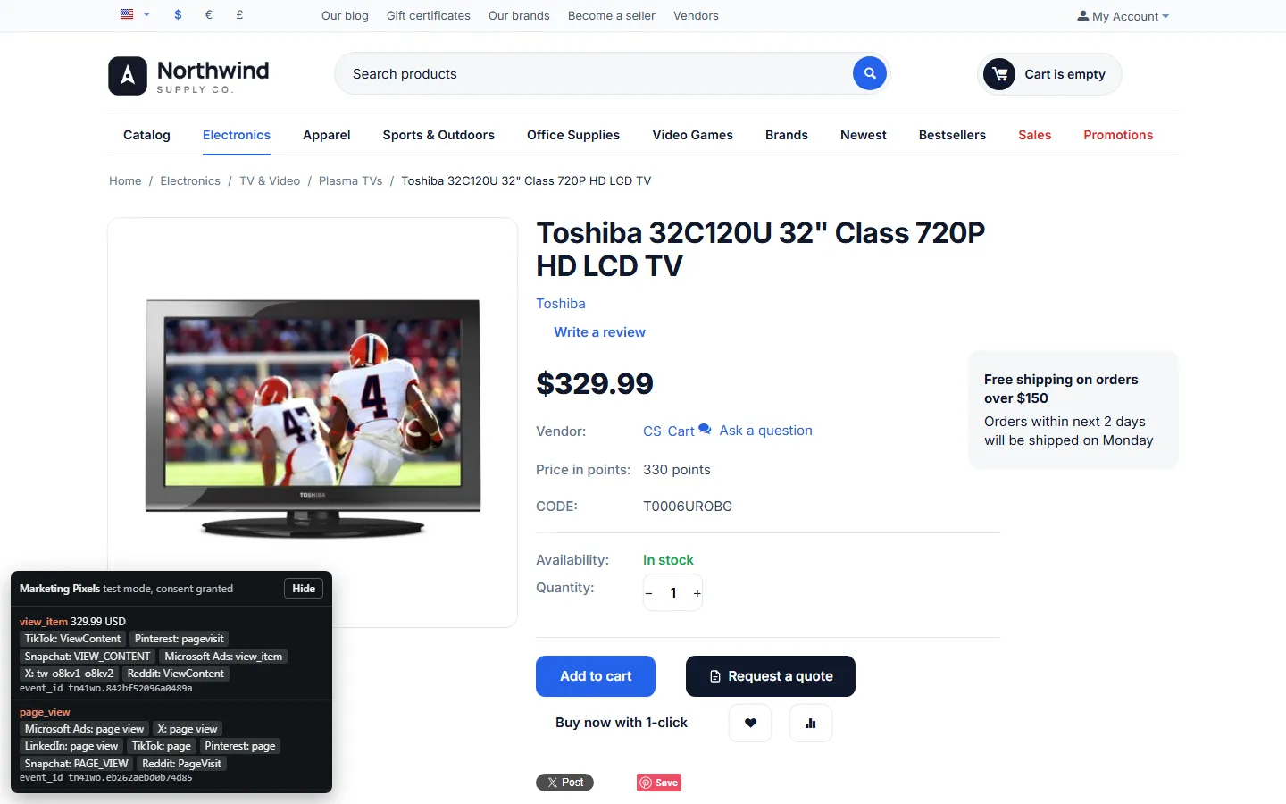 Product page in a test browser: product view sent to TikTok, Pinterest, Snapchat, Microsoft Ads, X and Reddit with one event ID.