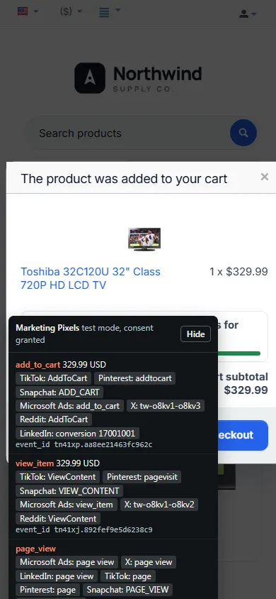 Mobile (390 px): the debug panel after add to cart.