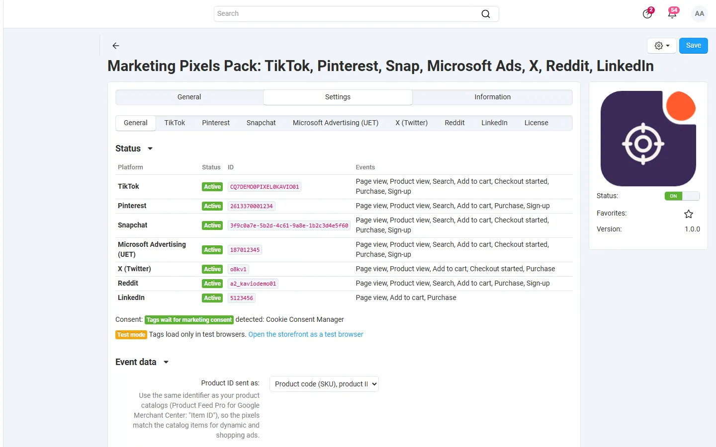 Settings, General: status of the seven platforms with IDs and events, consent and test mode notes.