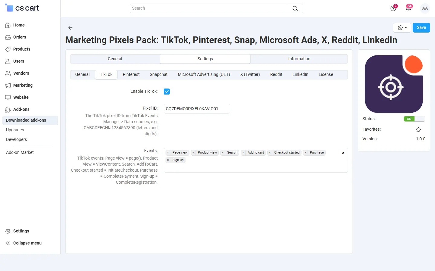 Settings, TikTok: enable, pixel ID and the events.