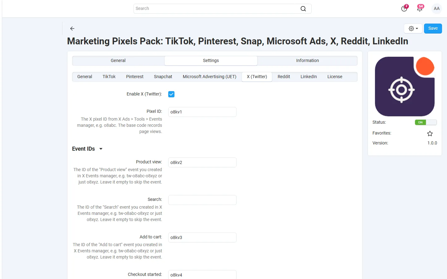Settings, X (Twitter): pixel ID and one event ID per event.