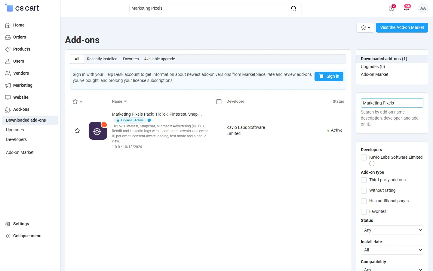 Downloaded add-ons searched for “Marketing Pixels” (Multi-Vendor 4.21.2), with the add-on icon.
