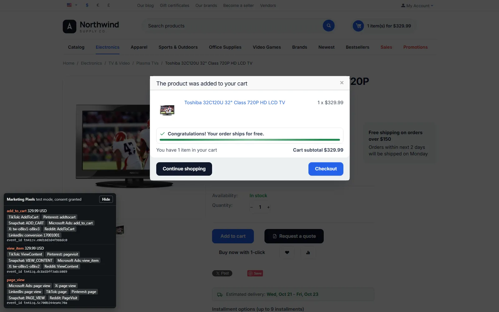 Product added to the cart: the debug panel lists add_to_cart, view_item and page_view per platform with one event ID each.