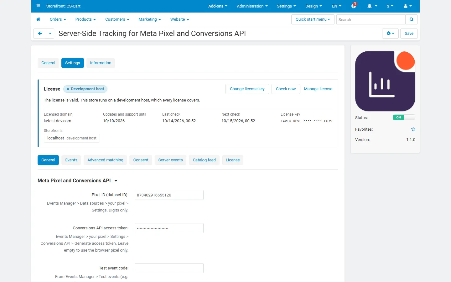 Settings, General: pixel ID, Conversions API access token, test event code, Graph API version.