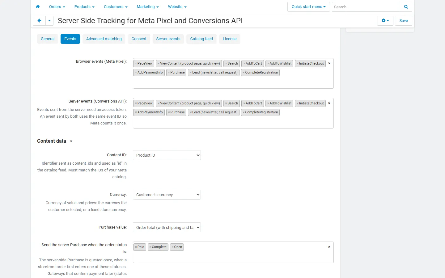 Events tab: browser and server events, content ID source, currency and purchase value.