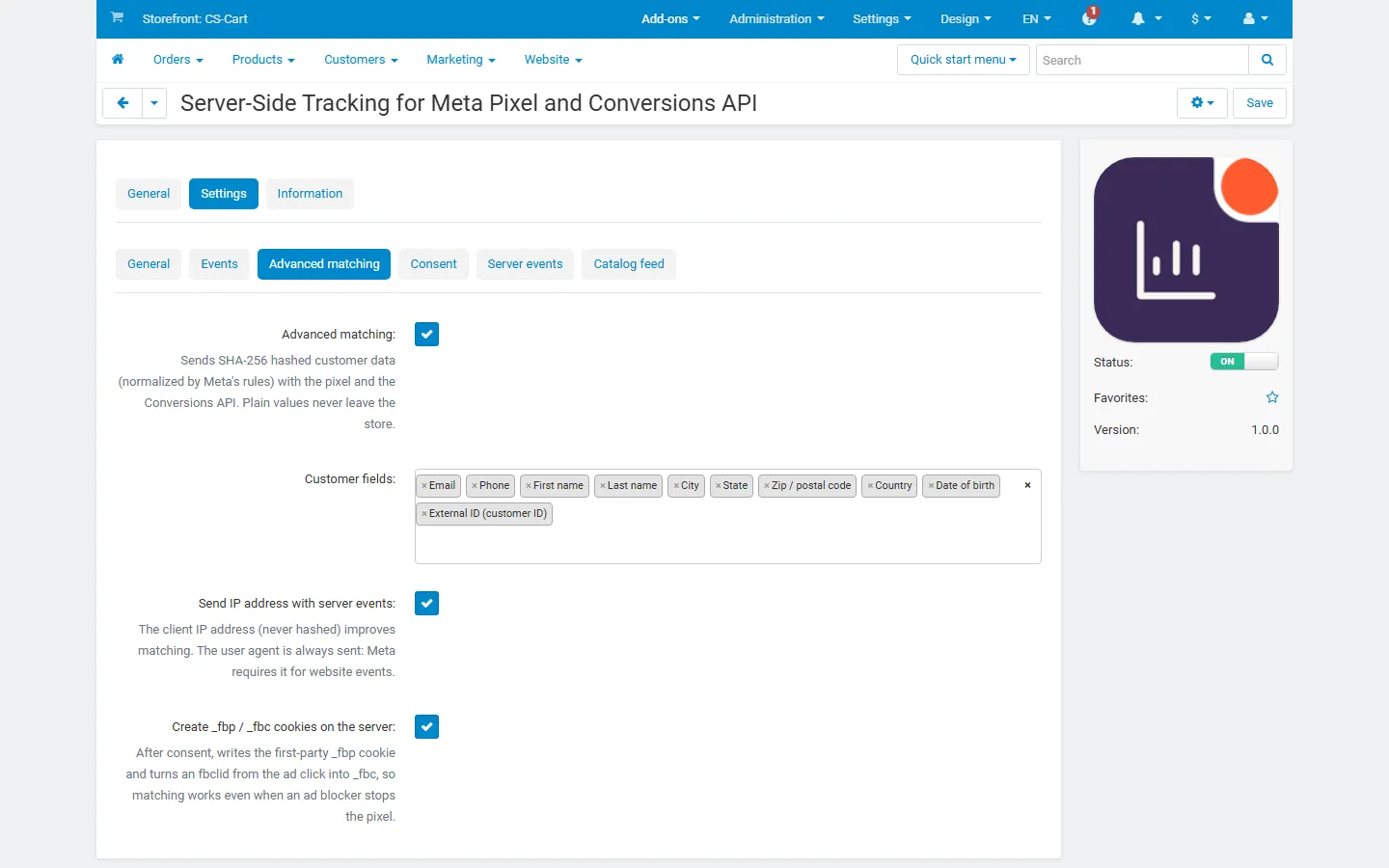Advanced matching tab: hashed customer fields, IP address and first-party _fbp/_fbc cookies.