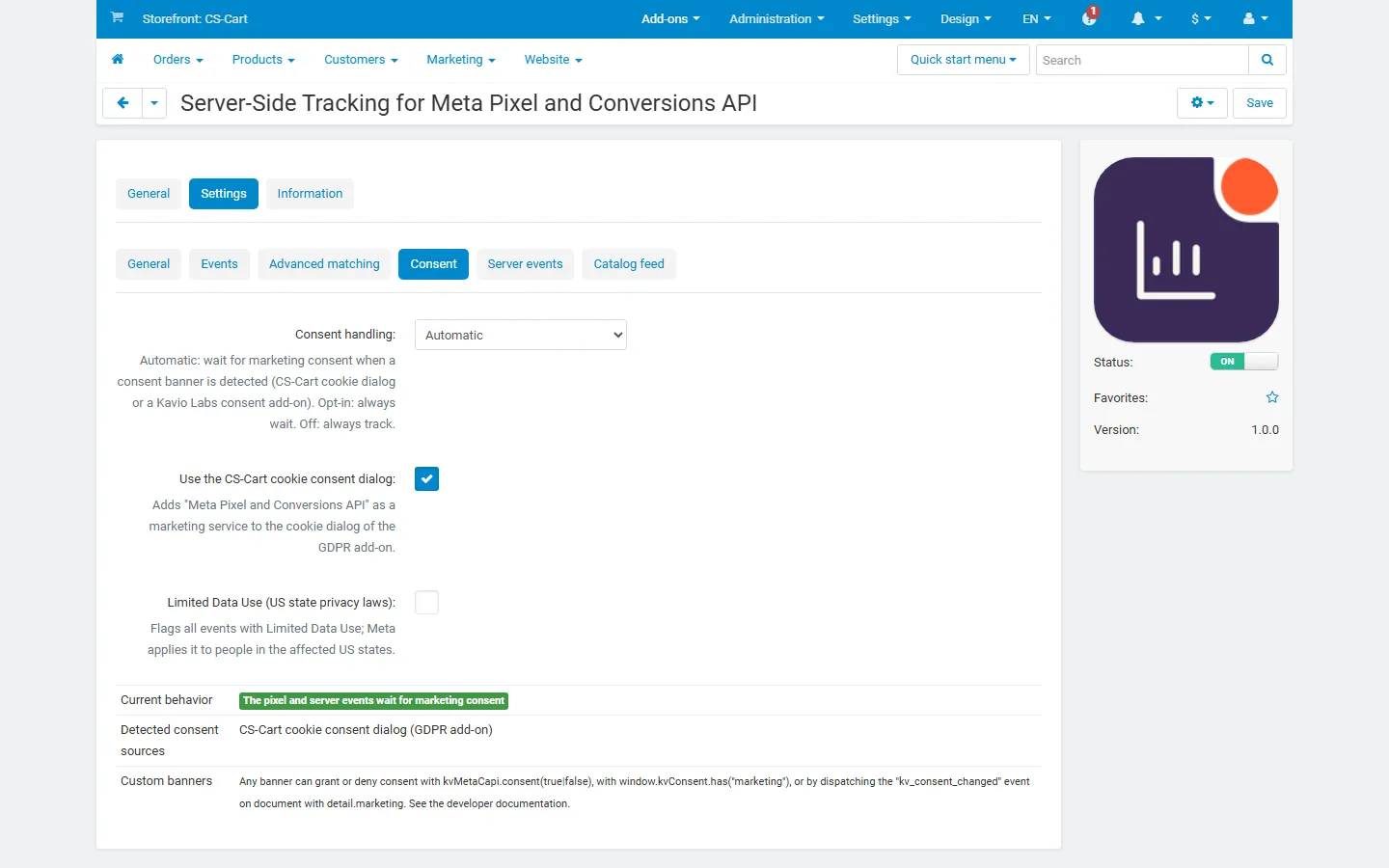 Consent tab: consent handling, CS-Cart cookie dialog, Limited Data Use, current behavior and detected consent source.