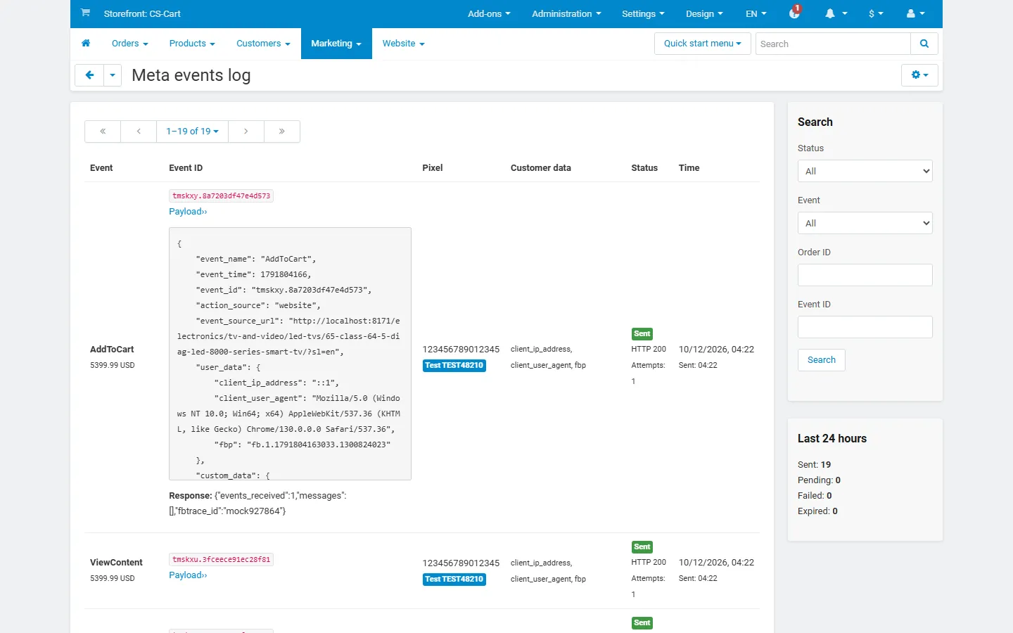 Meta events log: events with event ID, pixel, test code, customer data keys, status (Sent, HTTP 200) and the payload.