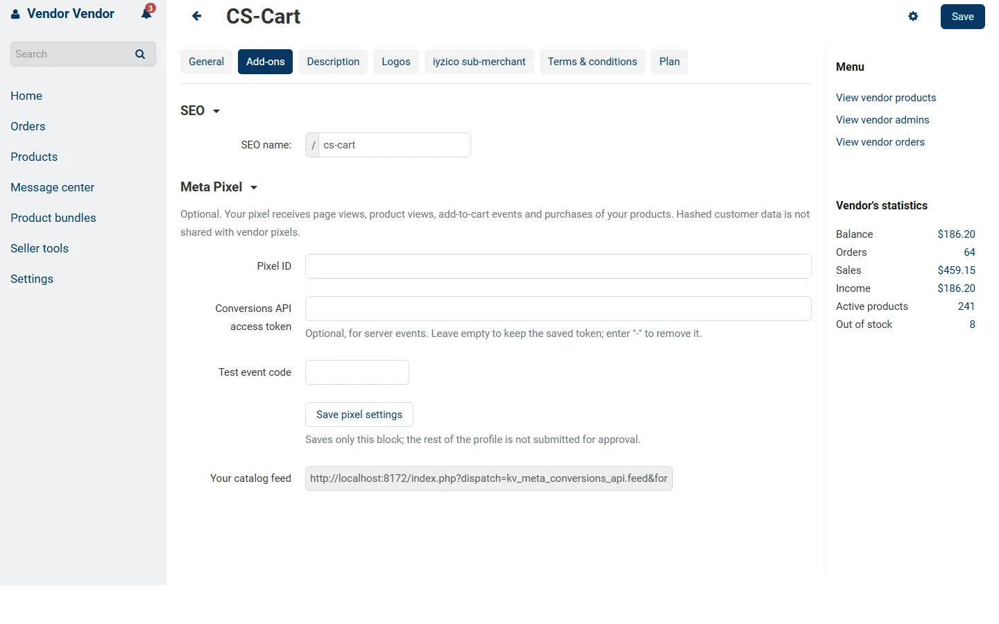 Multi-Vendor vendor panel, profile Add-ons tab: the vendor’s Meta Pixel block (pixel ID, token, test code, Save pixel settings, own catalog feed URL).