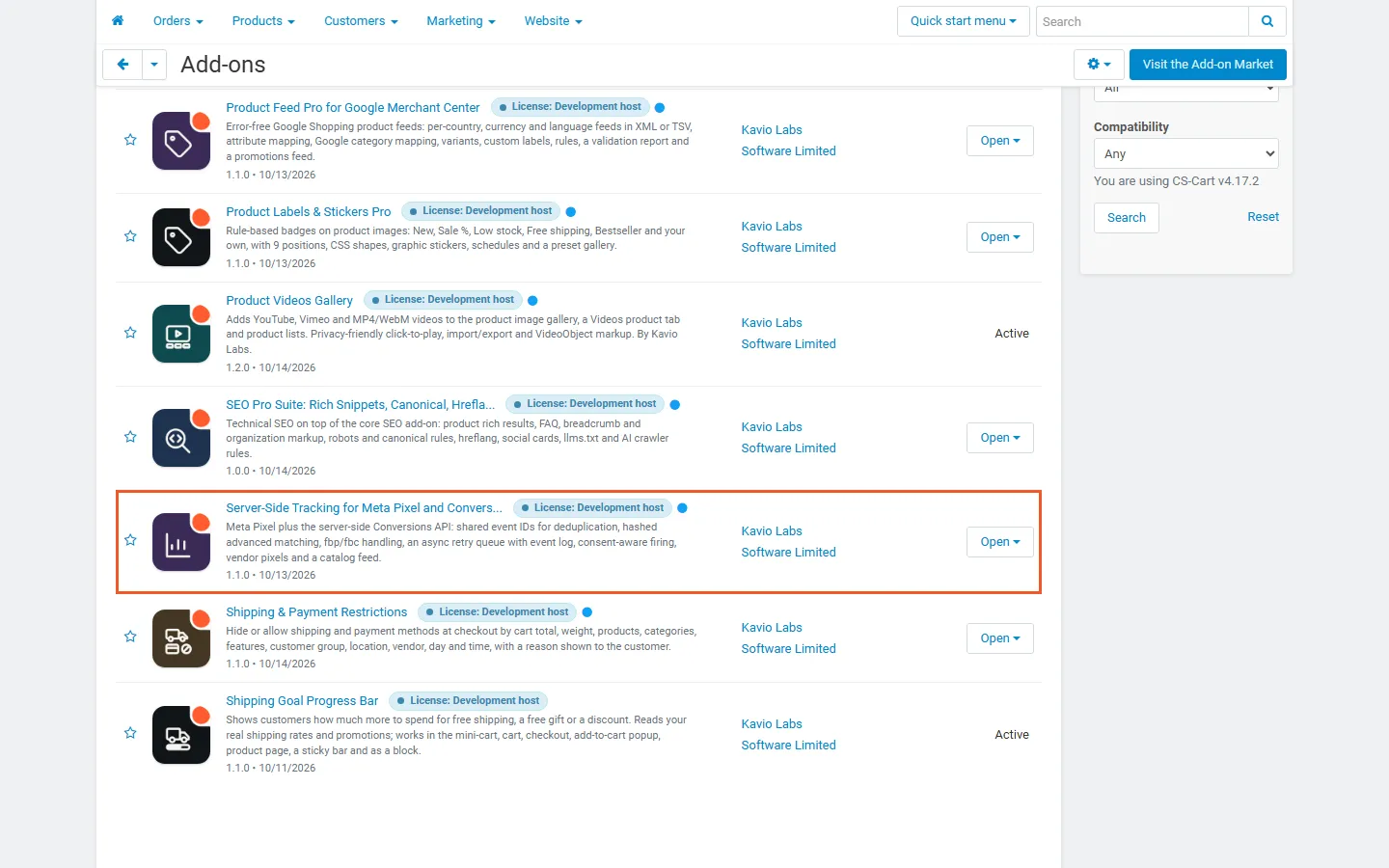 Admin, Downloaded add-ons filtered to Kavio Labs, with Server-Side Tracking for Meta Pixel and Conversions API highlighted and active (version 1.0.3).
