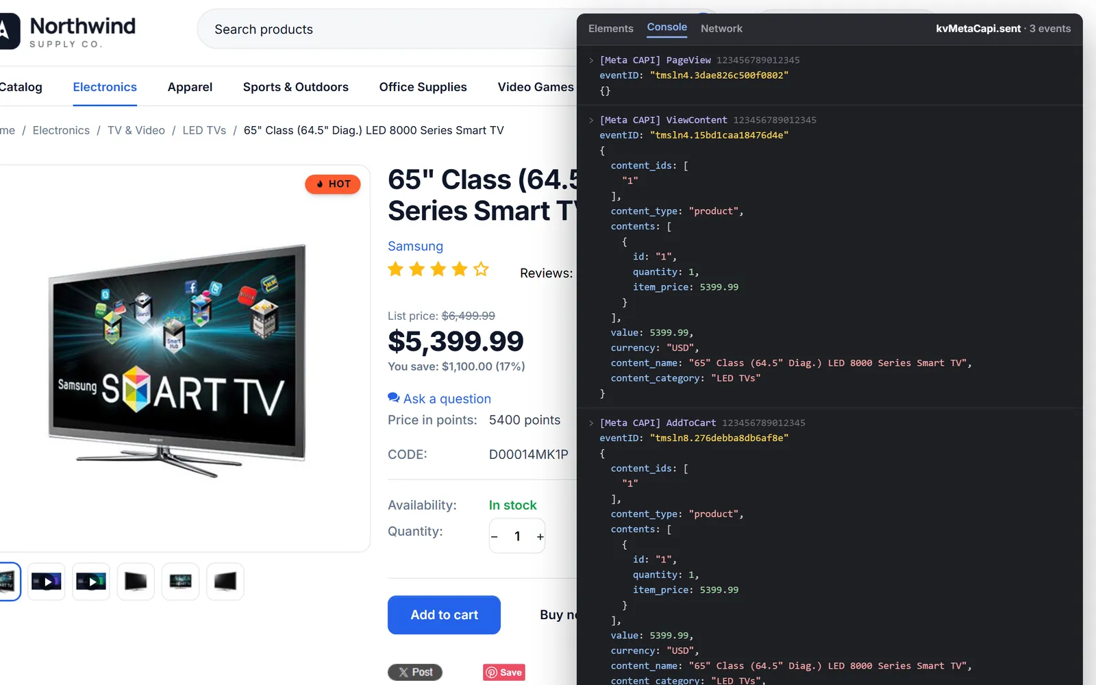 Debug view (illustration of the real data, overlay drawn for the screenshot): Product page with the console overlay: PageView, ViewContent and AddToCart with their event IDs and custom data.