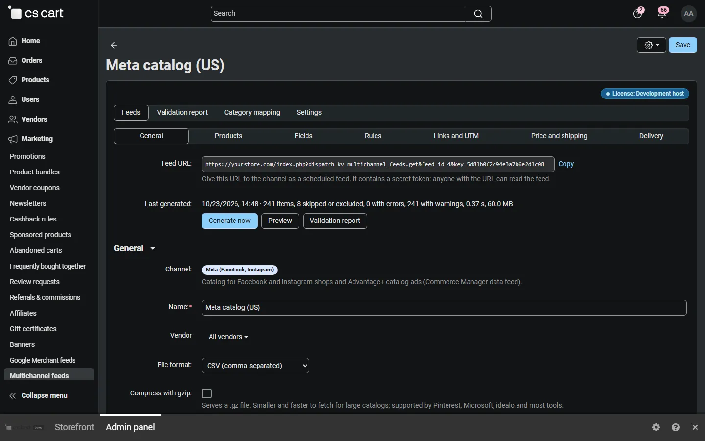 Feed editor, General: feed URL, last run, Generate now, format, gzip, market, schedule.