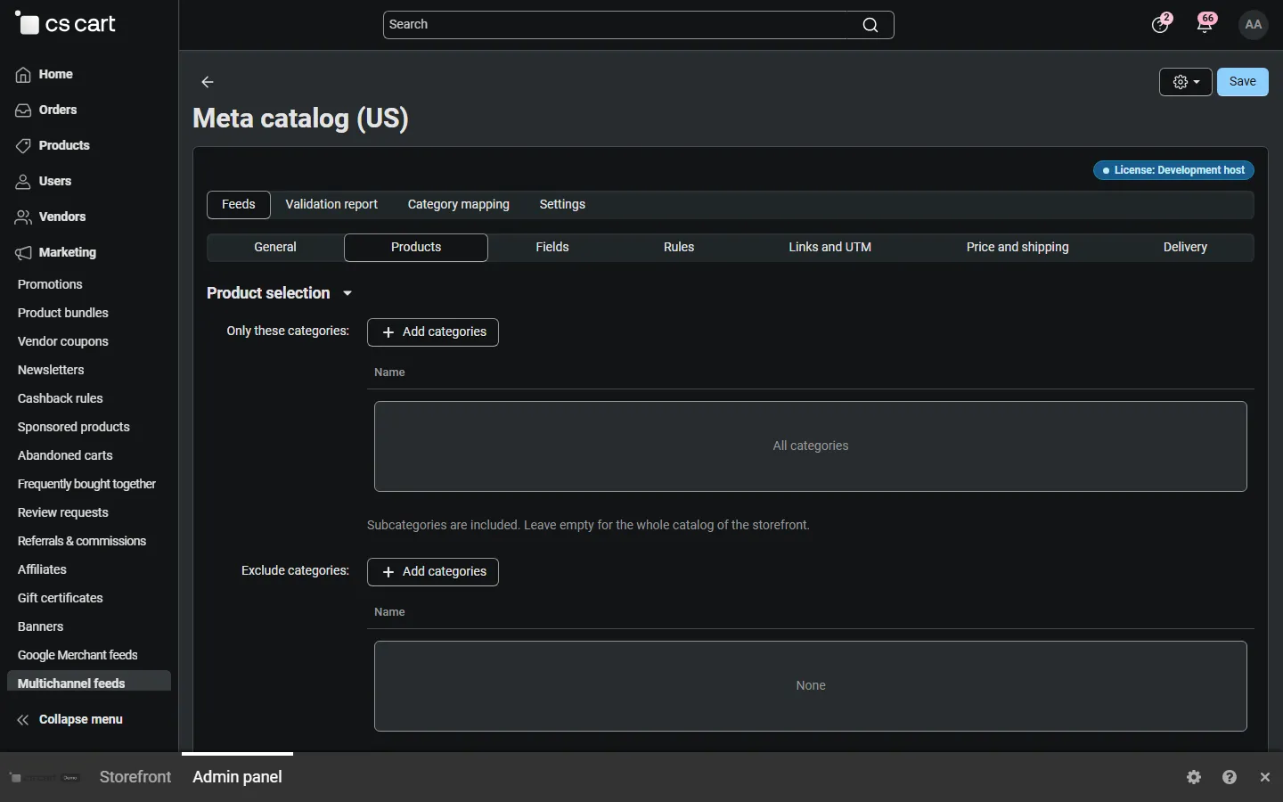 Products: category filters, stock, variations, image, price range, item IDs.