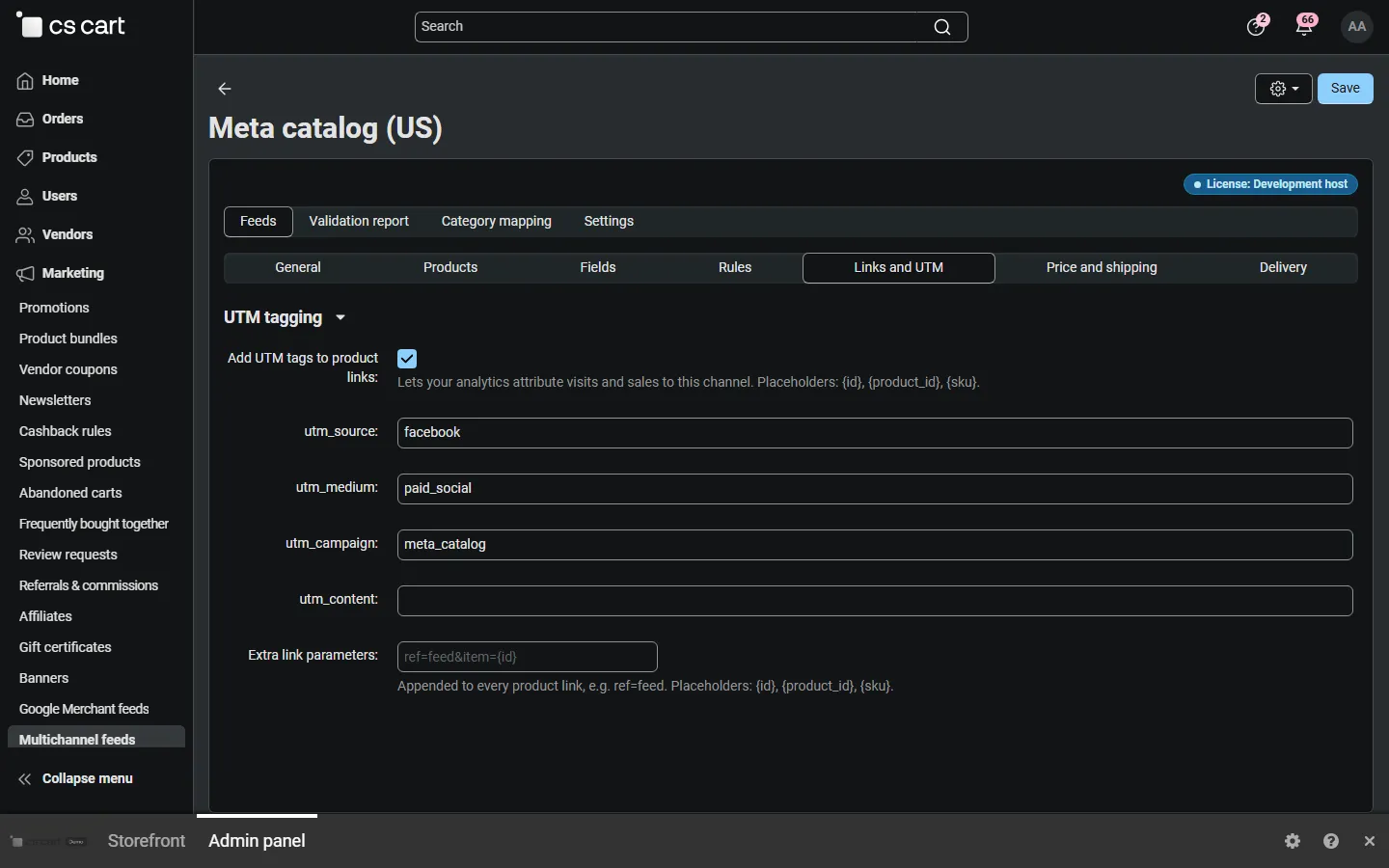 Links and UTM: UTM tags per channel and extra link parameters.