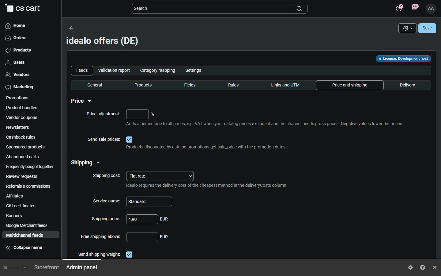 idealo feed, Price and shipping: shipping cost, delivery method and payment cost columns.
