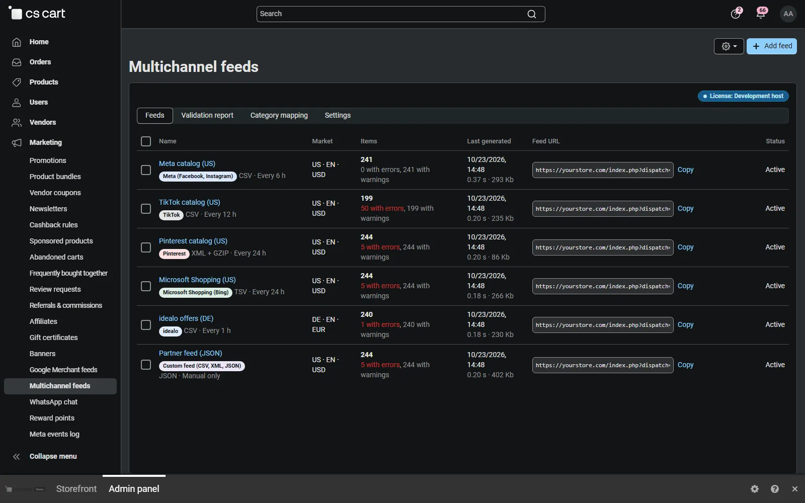Feeds list: one feed per channel with format, schedule, item and issue counts and the feed URL.