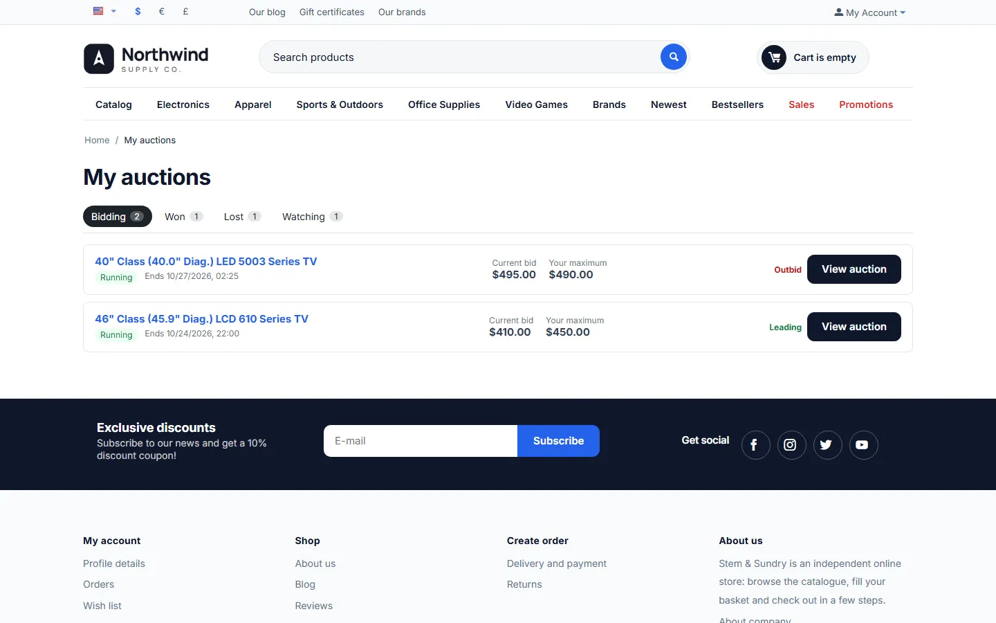 My auctions: bidding tab with leading / outbid.